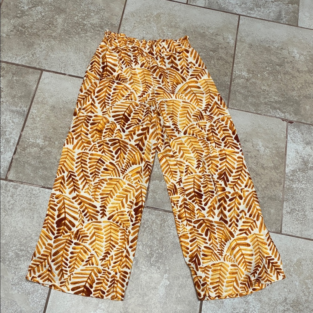 Anthropologie Wide-Leg Leaf-Print Pants in Mustard & Brown
